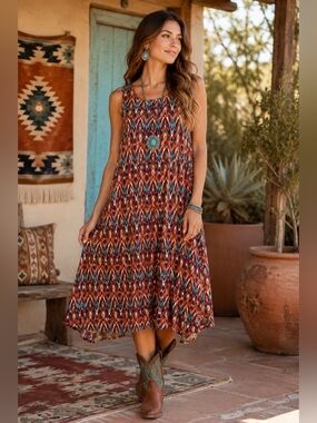 Geometric Print Swing Midi Dress XL Sleeveless Stretch Boho Multicolor Artsy BBQ